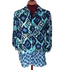 Rebecca Malone Women's Blue Ikat Print Button-down Shirt 3/4 Sleeve Size Medium